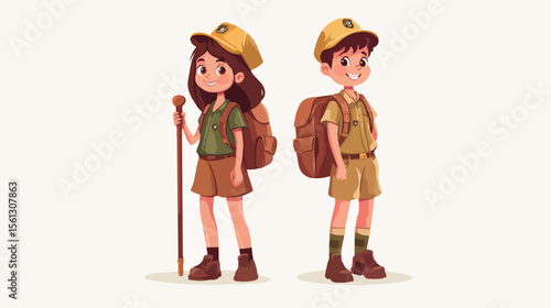Scout Uniformed Boy and Girl with Walking Stick Outdoors