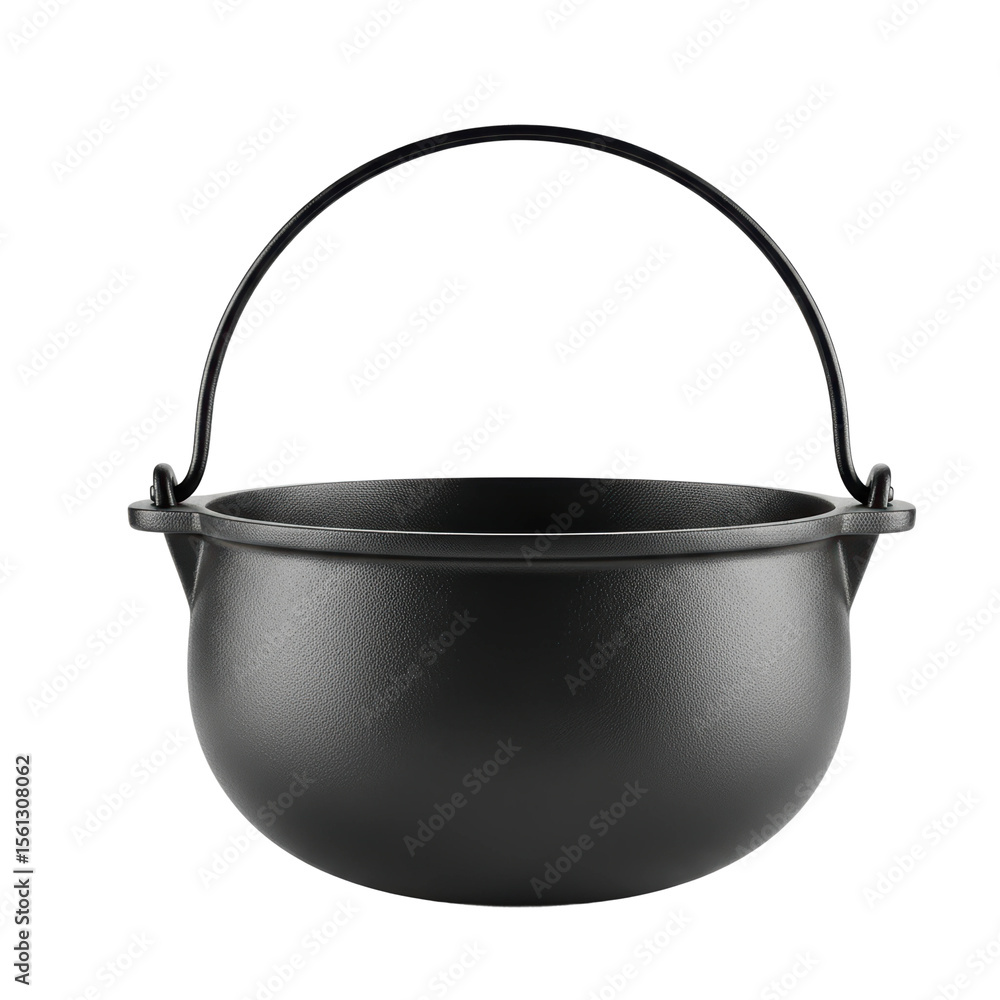 Fototapeta premium A traditional black cast iron cauldron pot with a sturdy metal handle, perfect for cooking, brewing, or as a decorative prop for halloween and fantasy themes.