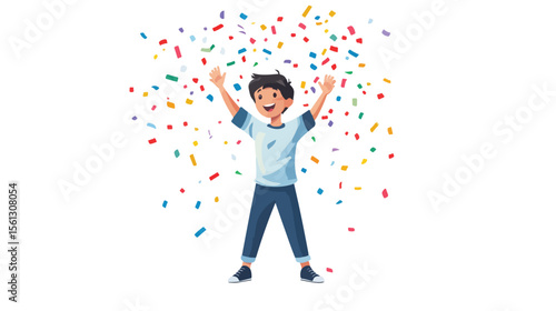 Joyful Boy Celebrating with Confetti - Flat Vector Illustration