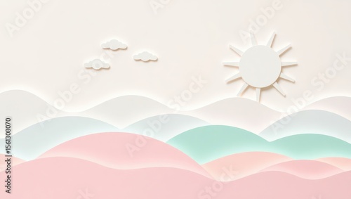 3D paper cut layered wallpaper in pastel colors, abstract landscape with hills, clouds, and sun, soft shadows between layers for a handmade feel. Playful yet elegant. 