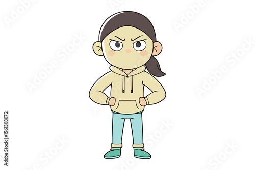 Angry Girl Cartoon Portrait: A cartoon character of an angry girl with an expressive face and strong posture, conveying intense emotion.