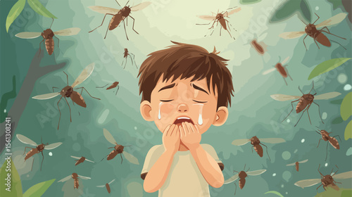Upset Boy Crying Due to Mosquito Bites