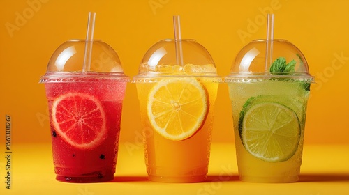 Three types of lemonade in transparent plastic cups with a lid and a straw. The drinks look refreshing, bright and appetizing. A feeling of summer mood. High quality