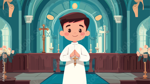 Young Boy Celebrating His First Communion in Flat Vector Illustration