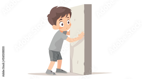 Young Boy Pushing Gray Wall, Determination and Strength Concept