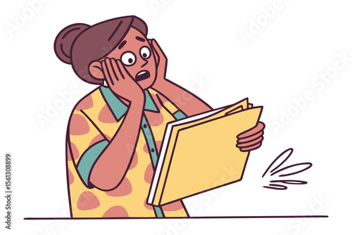 Shocked person holding folder with hands on face expressing disbelief and surprise at information