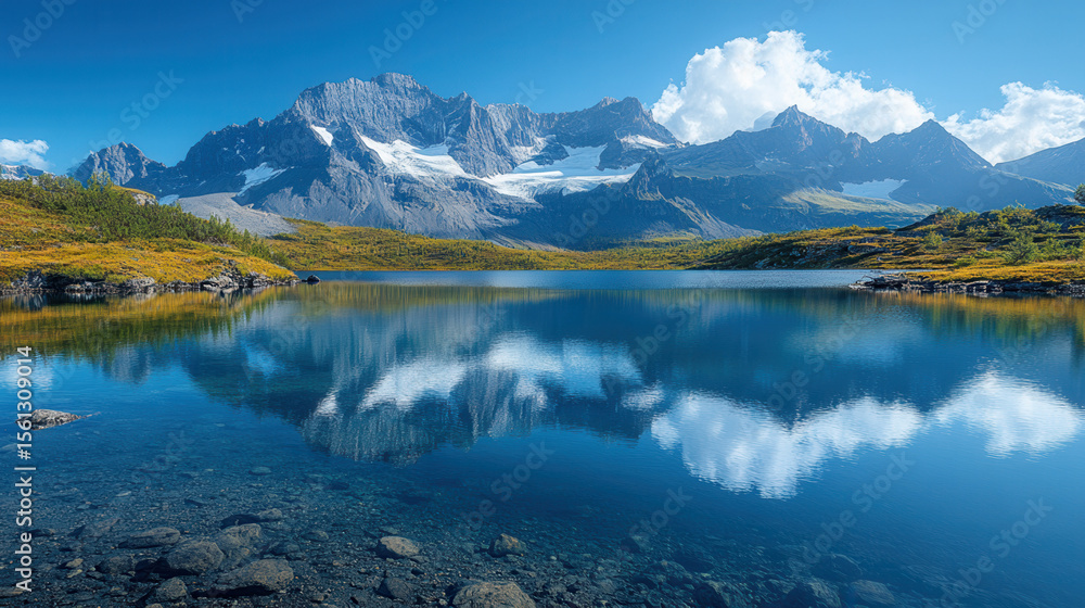 Obraz premium bright blue alpine lake reflecting rocky mountain peaks under clear sky