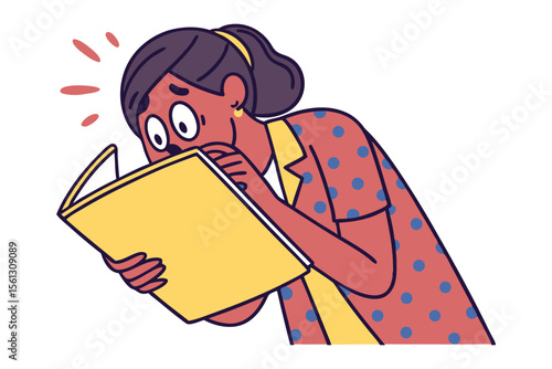 Surprised person reading a book with wide eyes and astonished expression absorbed in content