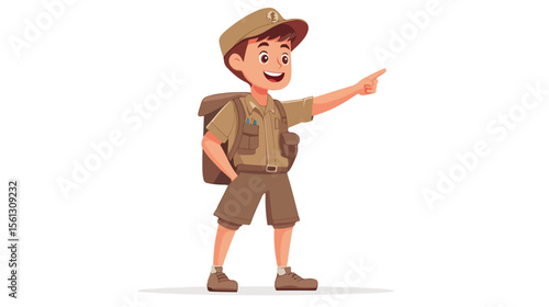 Young Boy in Scout Uniform Pointing on White Background Vector Illustration