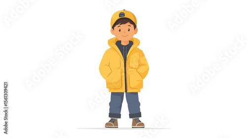 Young boy in yellow jacket isolated flat vector illustration