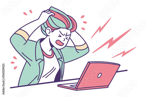 Frustrated person pulling hair in exasperation while staring at a laptop screen with lightning bolts indicating stress