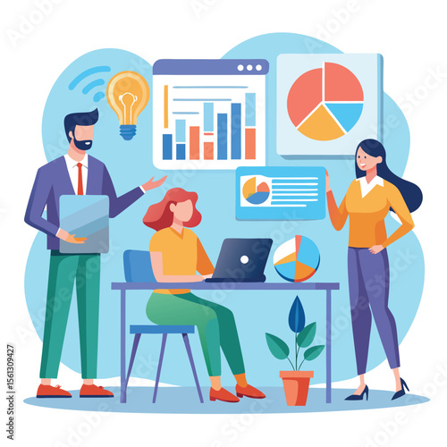 Vector cartoon illustration of business people working at desks and in a meeting room, or a woman on her laptop in a cafe