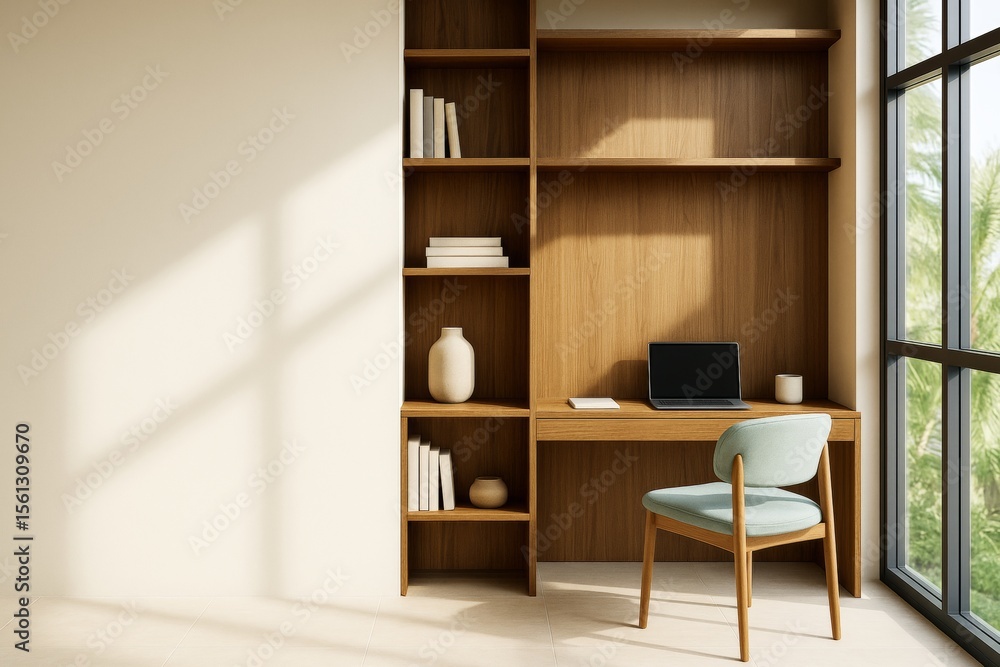 Fototapeta premium Minimalist contemporary home office interior with wooden desk, built-in shelves, soft daylight, and modern chair by large window.