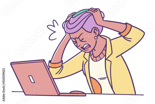 Frustrated woman pulling her purple hair while staring angrily at her laptop screen in distress