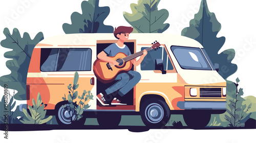 Young Boy Playing Guitar by the Van - Flat Vector Illustration