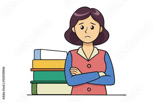 A sad cartoon woman with arms crossed stands next to a stack of colorful books on a white background