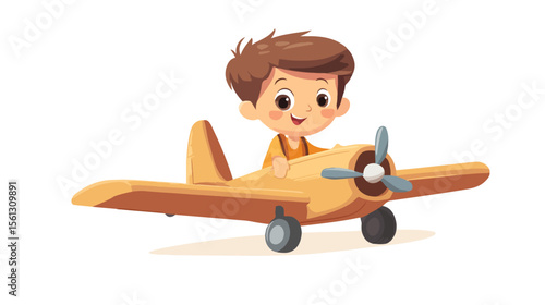 Young Boy Playing with Wooden Plane Flat Vector Illustration