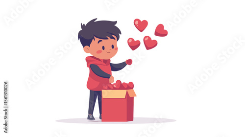 Heartwarming Charity: Boy Putting Hearts into Donation Box - Vector Illustration