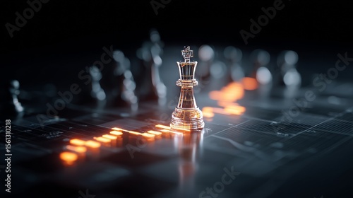 In the foreground of a scene featuring financial graphs, a chessboard with glowing pieces is arranged, highlighting the king as a representation of strategic decision-making and market assessment