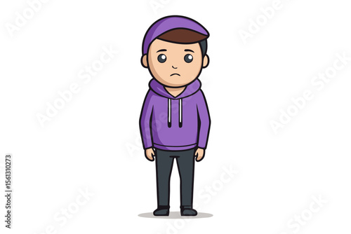 Sad Cartoon Character: A young cartoon character with a cap and purple sweatshirt, conveying a sense of melancholy and loneliness through his downtrodden expression.