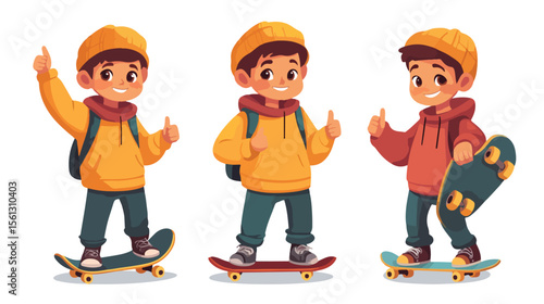 Positive Boy Thumbs Up Holding Skateboard Vector Illustration