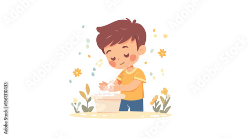 Cute Boy Washing Hands Flat Vector Illustration