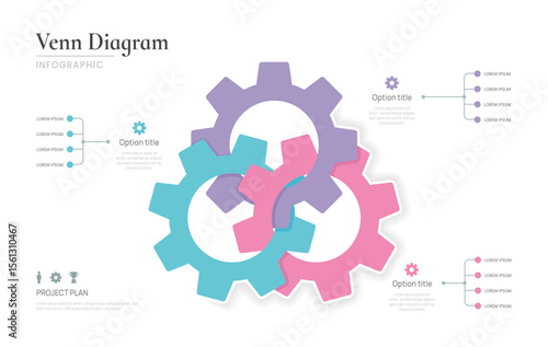 Venn diagram business infographic circle chart template 3 gear options, presentation with venn diagram elements vector illustration.