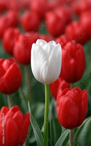 A striking white tulip stands out among vibrant red tulips in a beautiful spring garden.