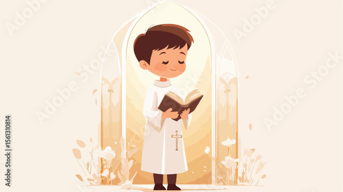 Young boy with Bible in first communion flat vector illustration