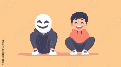 Struggling with Depression and Putting on a Happy Mask - Vector Illustration
