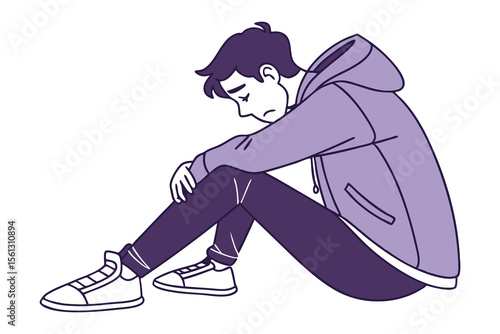 Solitary Reflection: A young individual, cloaked in a hoodie, sits alone in pensive thought, embodying a moment of solitude. The illustration portrays an air of contemplation.
