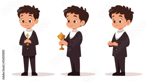 Young Boy with First Communion Chalice Flat Vector Illustration