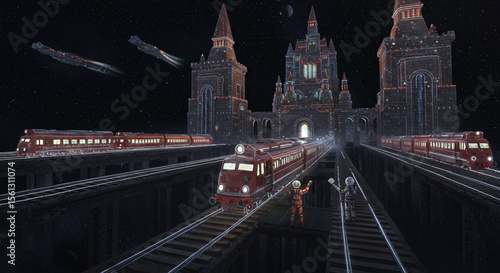 Cosmic Railway Station Futuristic Castle and Trains in Space