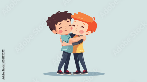 Happy Boys Characters Hugging in Flat Vector Illustration