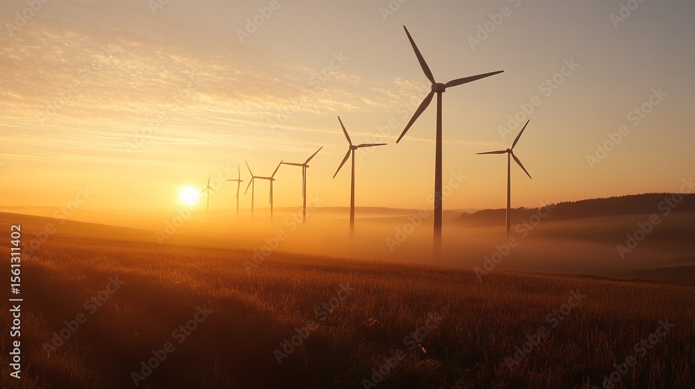 Serene sunrise over a misty field with a row of wind turbines generating clean energy Serene sunrise over a misty field with a row of wind turbines generating clean energy