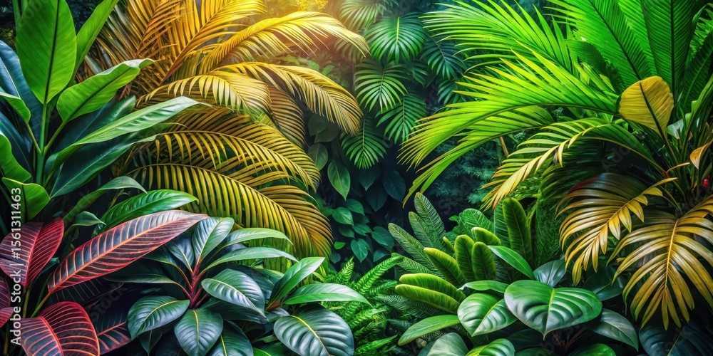 Naklejka premium Dense foliage of tropical tree leaves and branch in foreground with intricate textures and vibrant colors