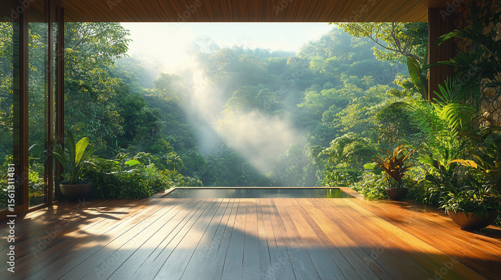 Fototapeta premium tropical morning mist over rainforest seen from wooden balcony, dense greenery and fog layers, peaceful nature background
