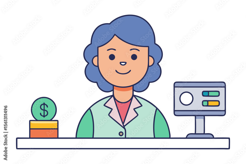 Friendly cartoon cashier with a coin and computer screen representing financial transactions and customer service Friendly cartoon cashier with a coin and computer screen representing financial transactions and customer service