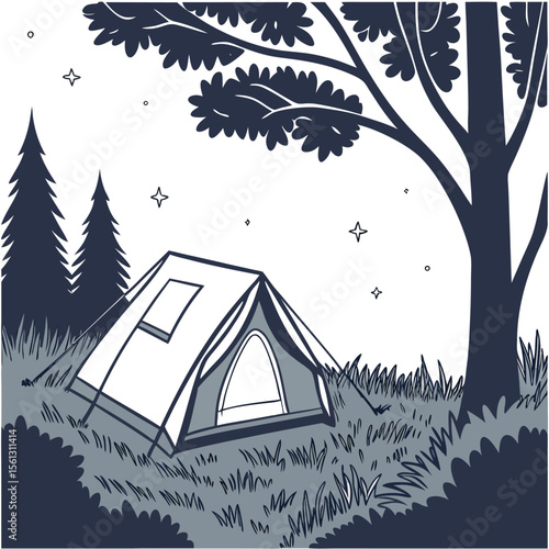 Illustration of a tent pitched in a grassy area with trees and stars in the background at nighttime