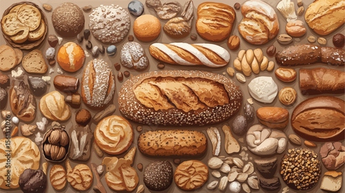 Variety of Fresh Bread Products Flat Vector Illustration