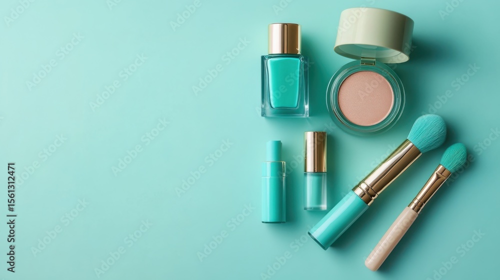 A stunning flatlay featuring an array of gold and green beauty products artistically arranged for a visually appealing presentation showcasing elegance and luxury A stunning flatlay featuring an array of gold and green beauty products artistically arranged for a visually appealing presentation showcasing elegance and luxury