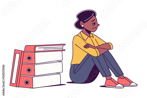 Overwhelmed woman sitting beside stack of red binders feeling sad and discouraged by workload