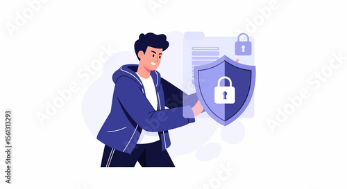 Young man holding security shield with padlock protecting digital file.