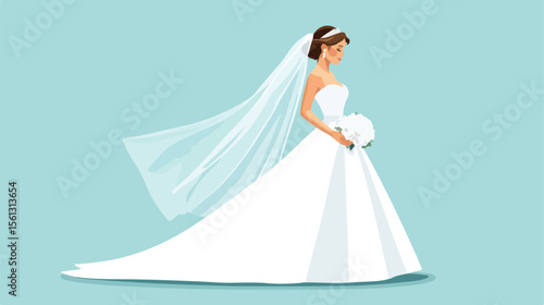 Elegant Bride Wedding Dress Flat Vector Illustration