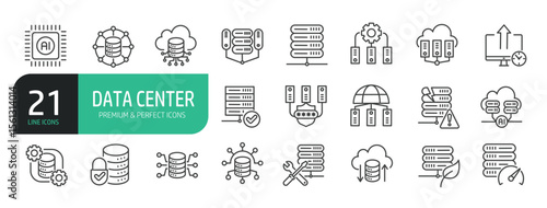 Set Of Data Center Line Icons. Contains such icons as Server, Hosting, Network, Cloud Computing, and more.