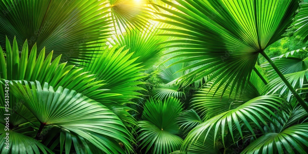 Fototapeta premium Dense tropical palm leaves in forest with soft natural light and intricate shadows on the green leaves for nature patterns and backgrounds