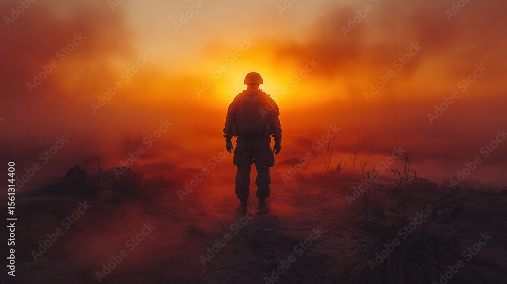 lone soldier in helmet and tactical gear walking through foggy battlefield, silent war scene lone soldier in helmet and tactical gear walking through foggy battlefield, silent war scene