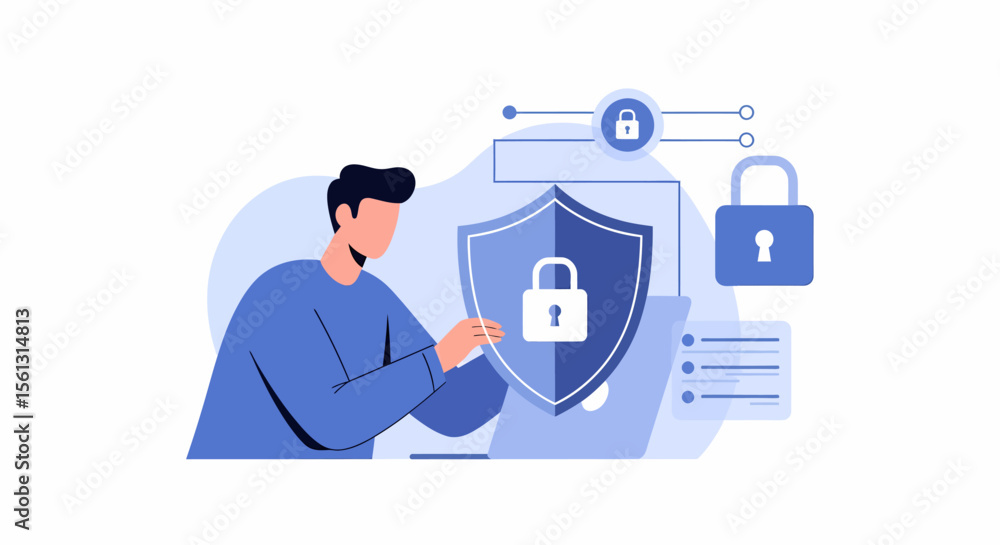 Man interacting with a digital shield securing data with padlock icons. Man interacting with a digital shield securing data with padlock icons.