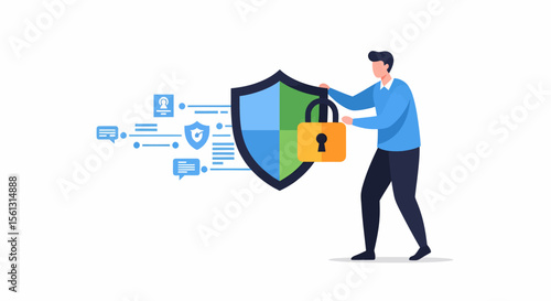 Man securing data with a shield and padlock protecting information flow.