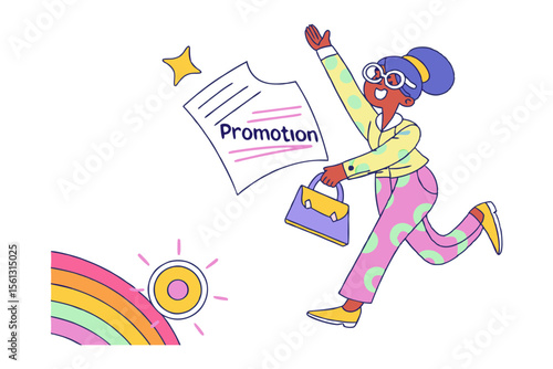 Promotion Success: A dynamic character celebrates their recent professional promotion with vibrant joy and exuberance, as they embark on a new chapter in their career journey.